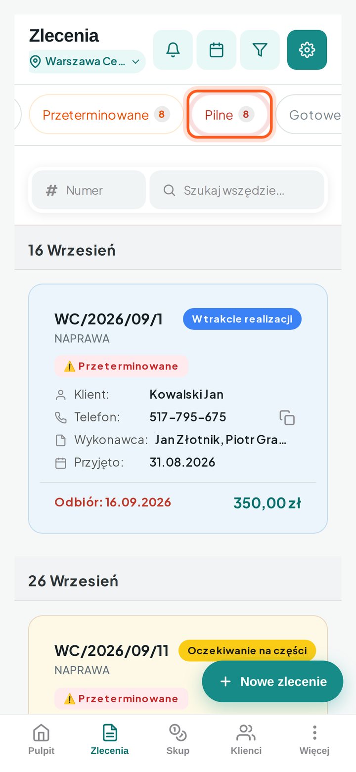 Przycisk Pilne nad listą zleceń (telefon)