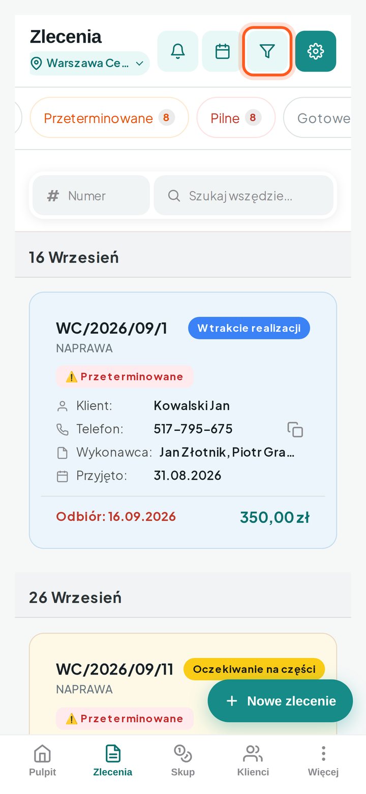 Przycisk Filtry nad listą zleceń (telefon)