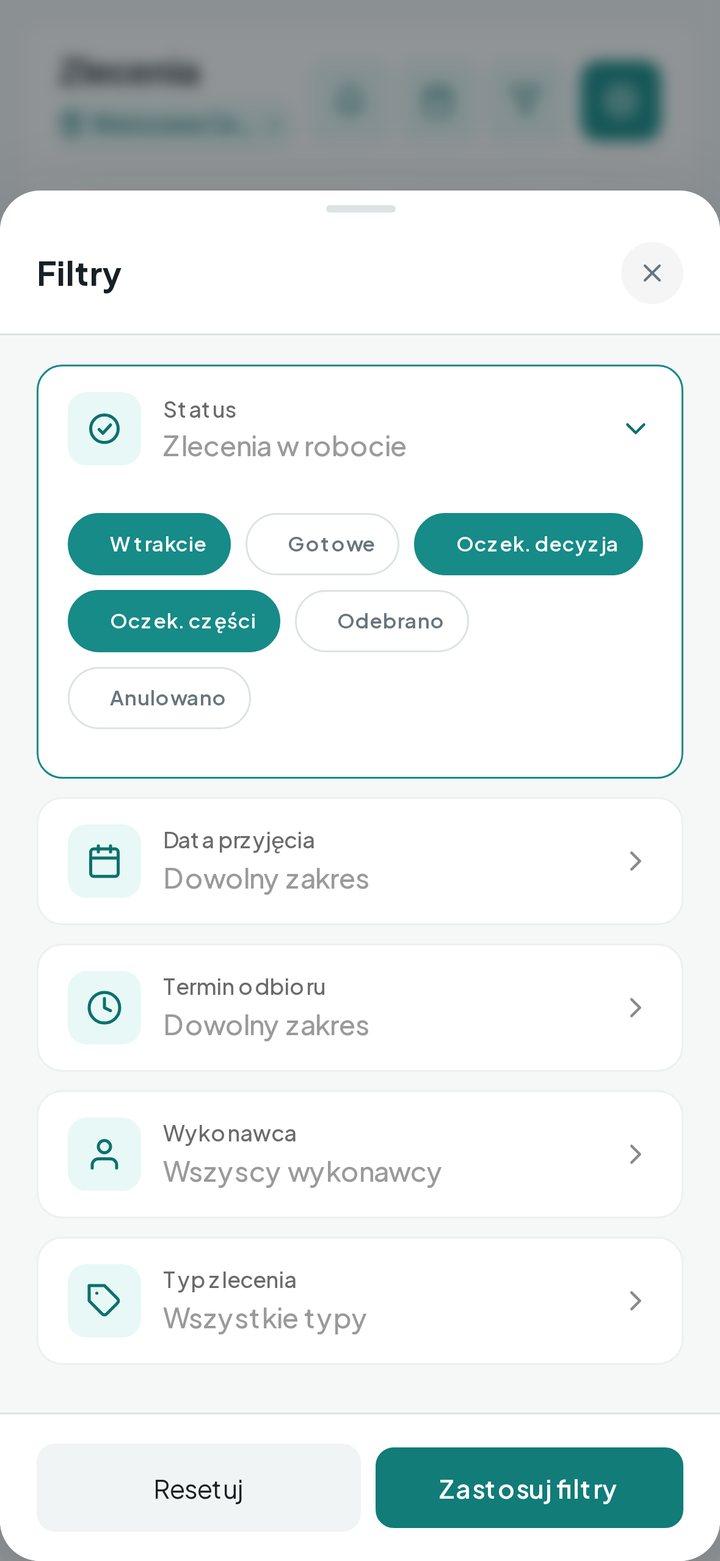 Rozwinięty wybór statusów do zaznaczenia (telefon)