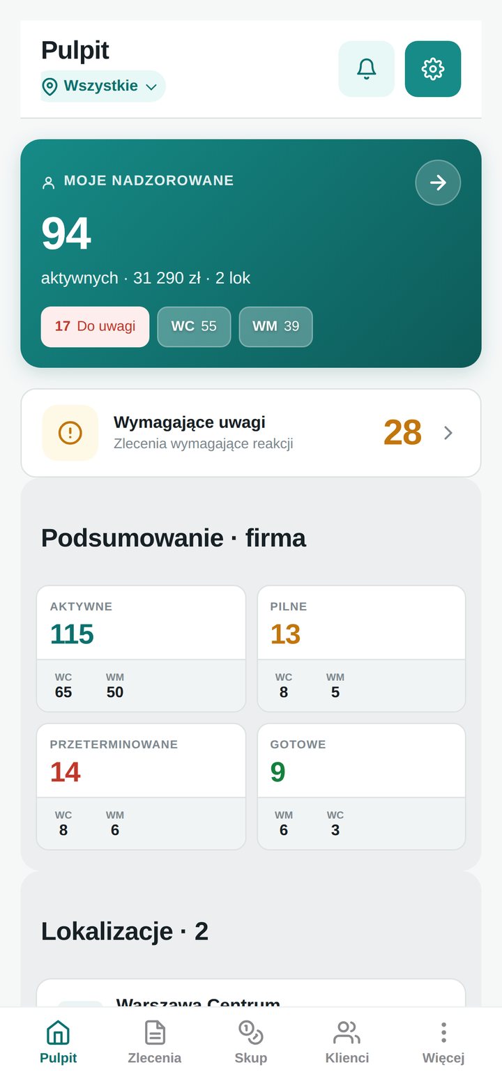 Ekran Pulpit z kafelkami podsumowania zleceń (telefon)
