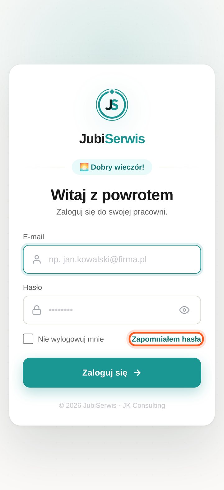 Ekran logowania z zaznaczonym linkiem Zapomniałem hasła (telefon)