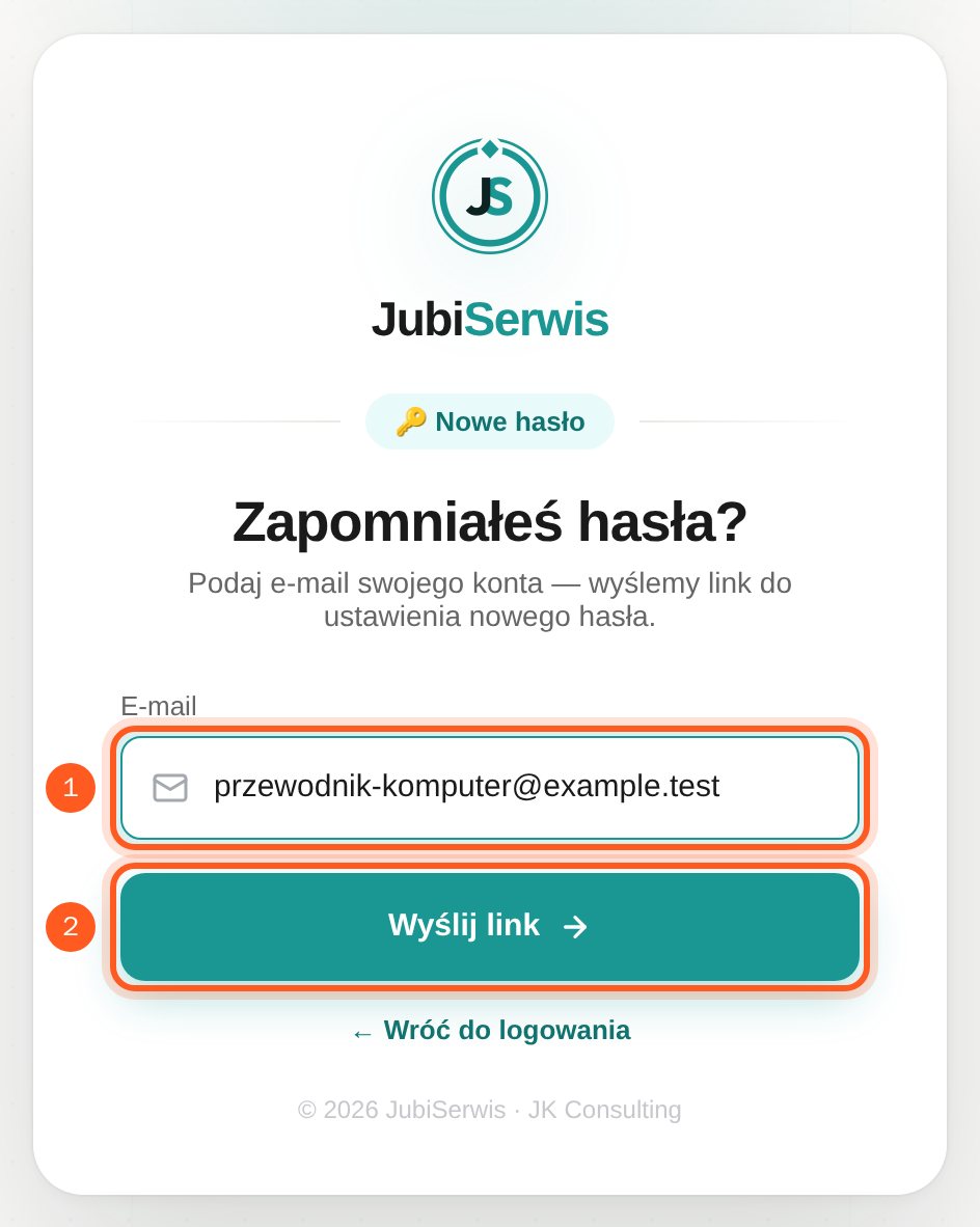 Formularz odzyskiwania hasła z zaznaczonym adresem e-mail i przyciskiem Wyślij link (komputer)