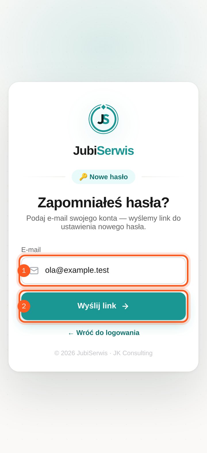 Formularz odzyskiwania hasła z zaznaczonym adresem e-mail i przyciskiem Wyślij link (telefon)
