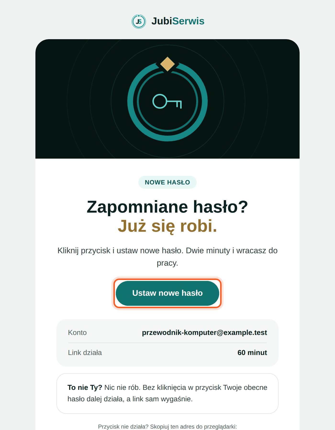 Testowy mail JubiSerwis z zaznaczonym przyciskiem Ustaw nowe hasło (komputer)