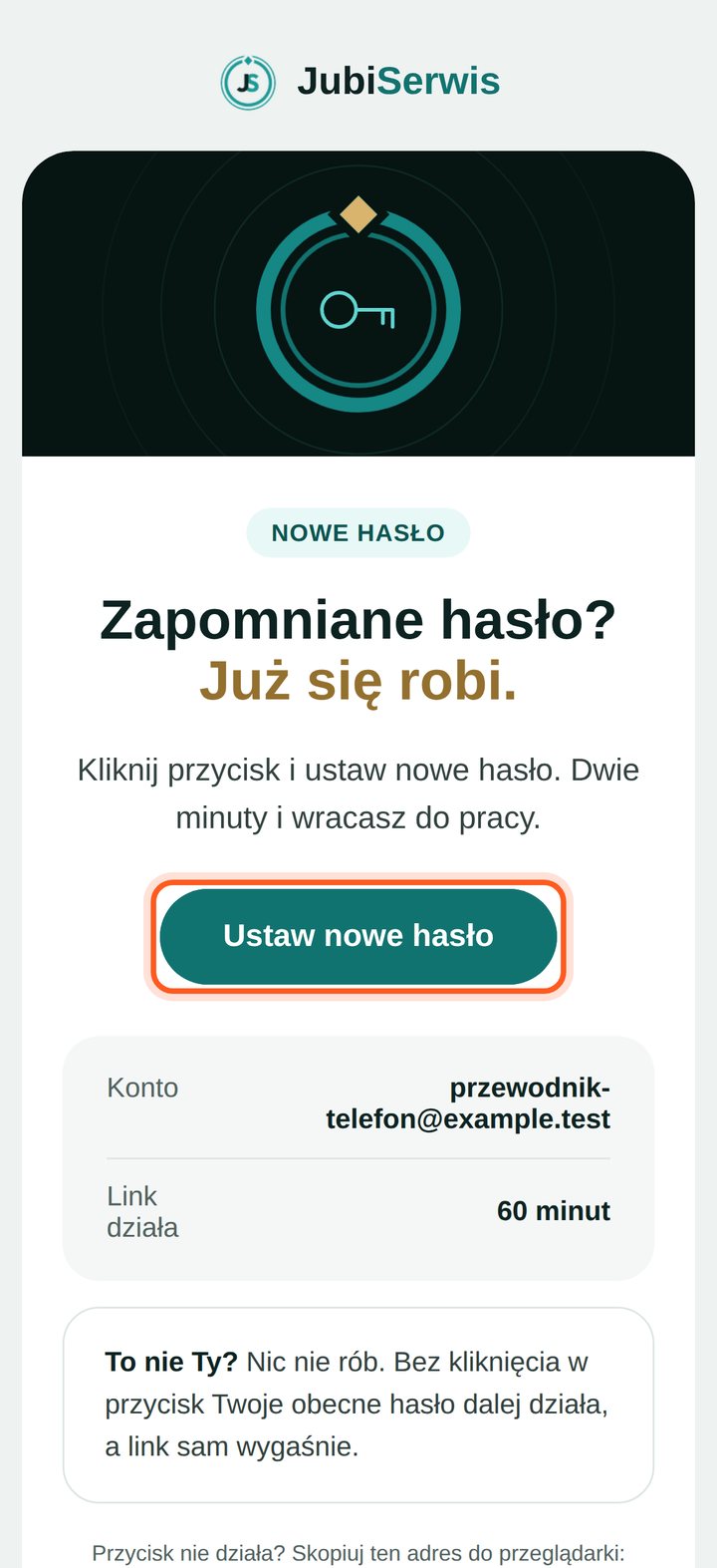 Testowy mail JubiSerwis z zaznaczonym przyciskiem Ustaw nowe hasło (telefon)