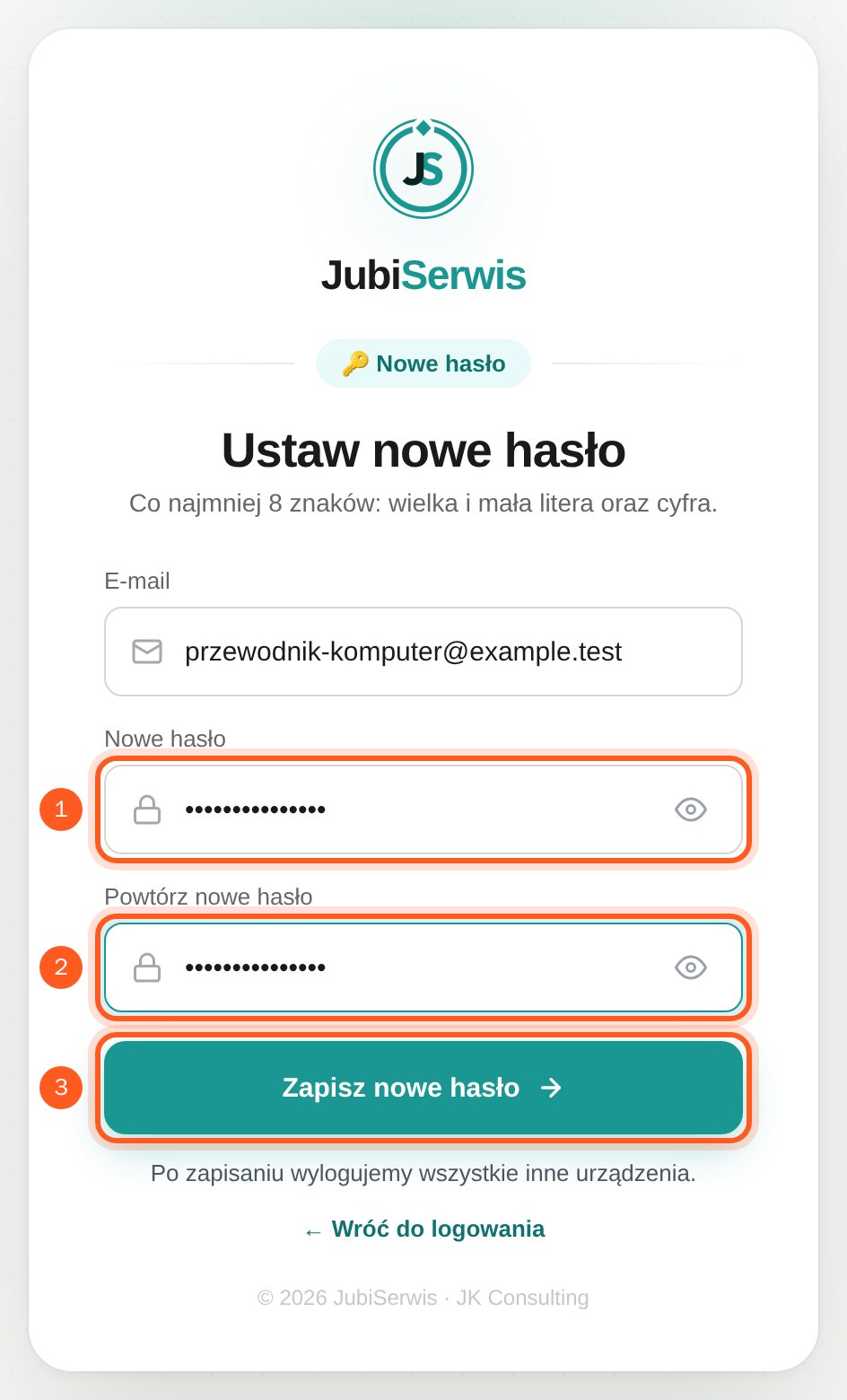 Formularz ustawienia nowego hasła z zaznaczonymi dwoma polami i przyciskiem zapisu (komputer)