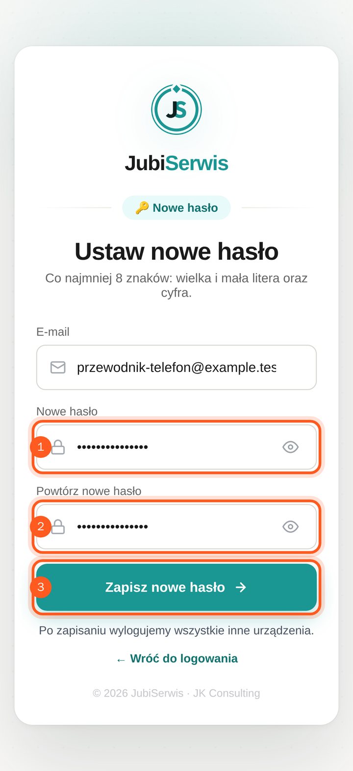 Formularz ustawienia nowego hasła z zaznaczonymi dwoma polami i przyciskiem zapisu (telefon)