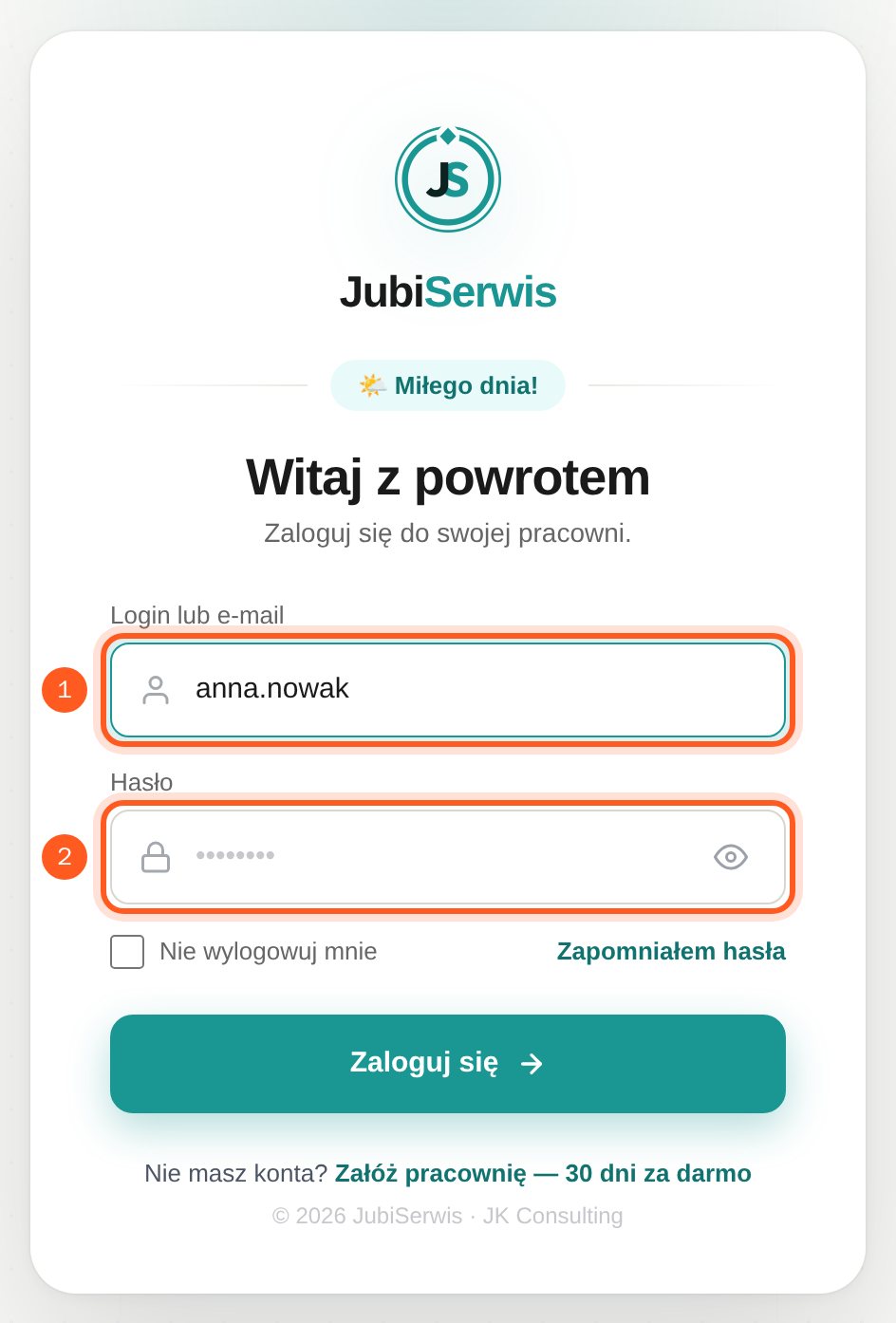 Ekran logowania z zaznaczonymi polami Login lub e-mail oraz Hasło (komputer)
