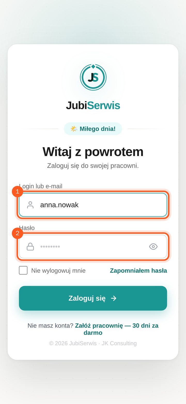 Ekran logowania z zaznaczonymi polami Login lub e-mail oraz Hasło (telefon)