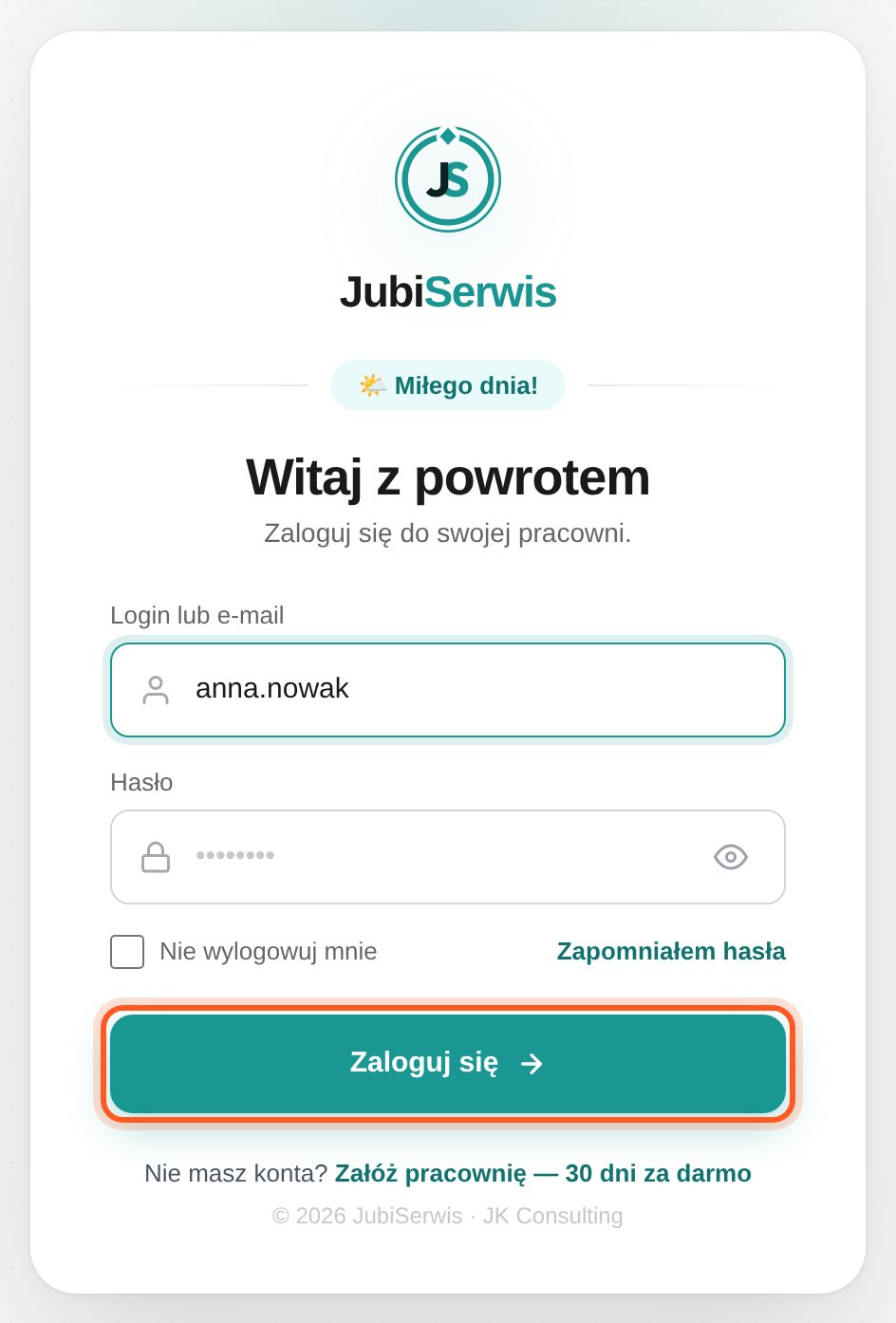 Ekran logowania z zaznaczonym przyciskiem Zaloguj się (komputer)