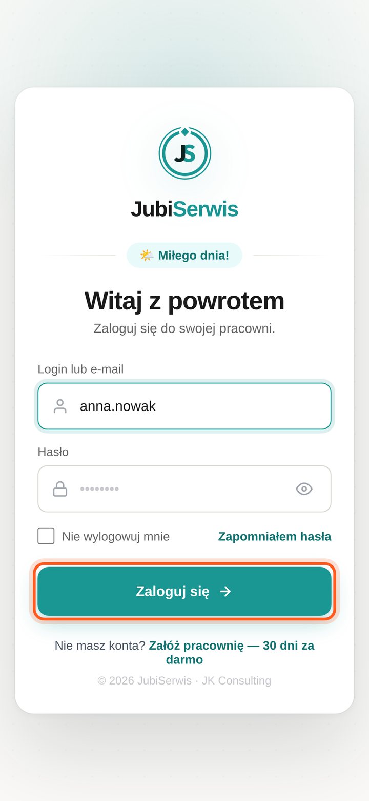 Ekran logowania z zaznaczonym przyciskiem Zaloguj się (telefon)