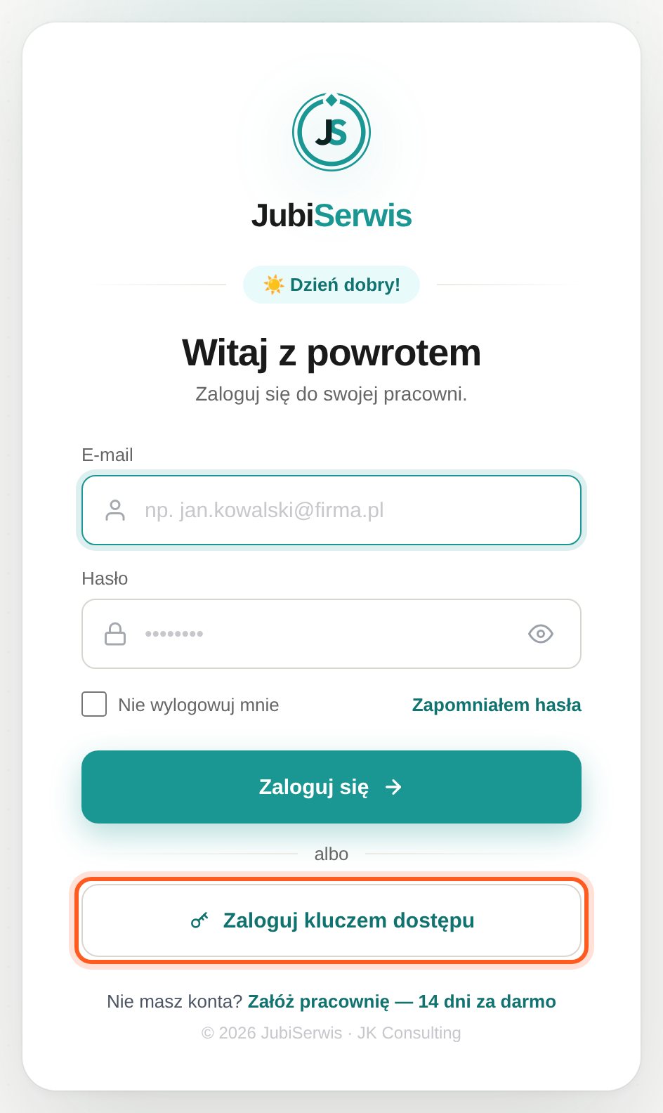 Ekran logowania z zaznaczonym przyciskiem Zaloguj kluczem dostępu (na telefonie: linkiem Zaloguj się Face ID / odciskiem palca) (komputer)
