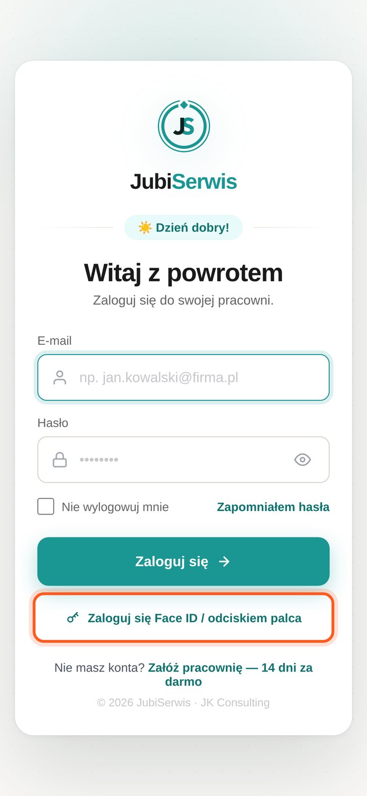 Ekran logowania z zaznaczonym przyciskiem Zaloguj kluczem dostępu (na telefonie: linkiem Zaloguj się Face ID / odciskiem palca) (telefon)