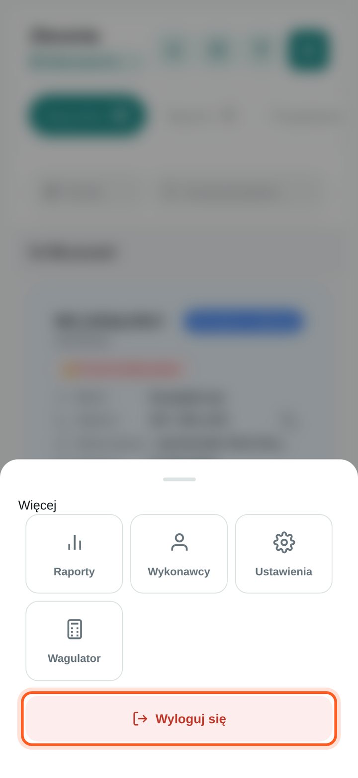 Panel Więcej na telefonie z zaznaczonym przyciskiem Wyloguj się (telefon)