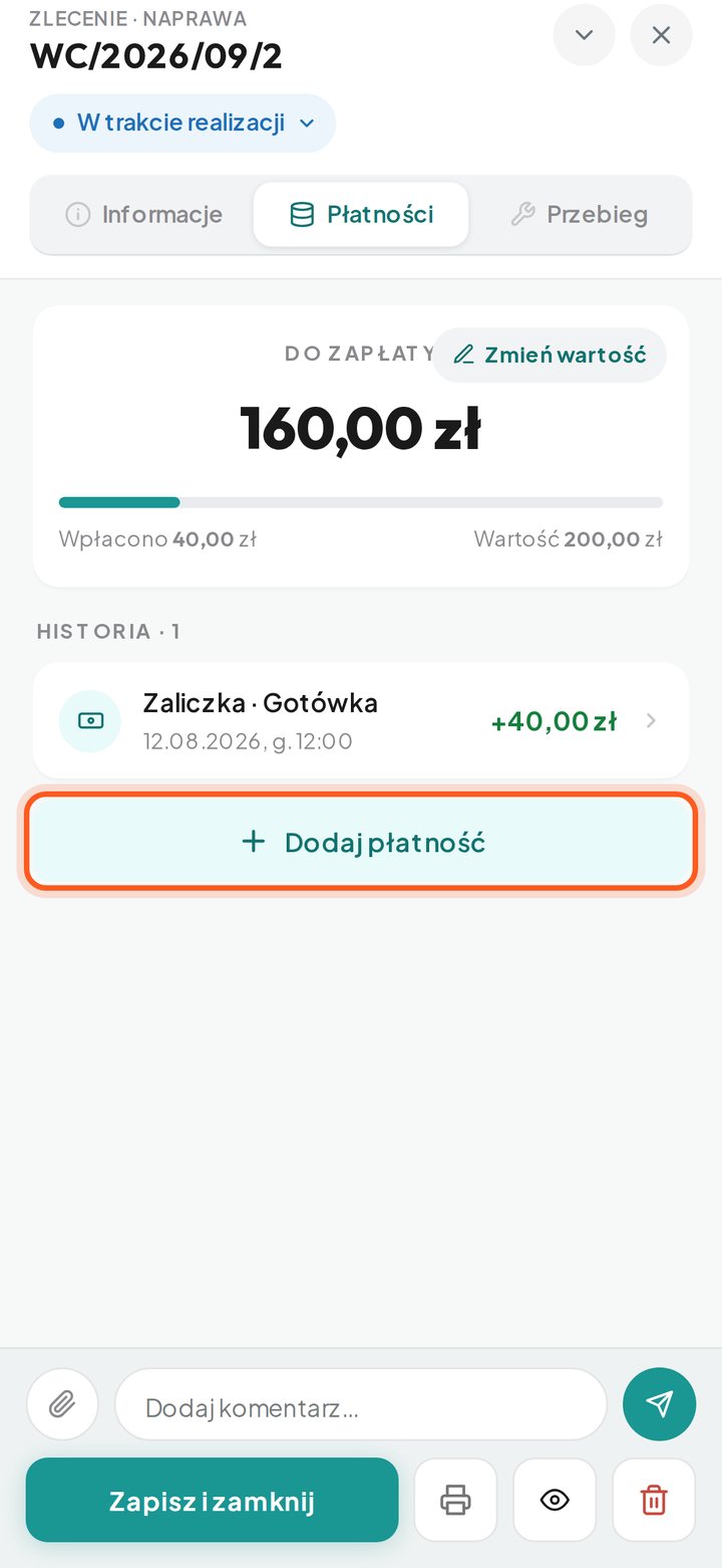 Zakładka Płatności z zaznaczonym przyciskiem Dodaj płatność (telefon)