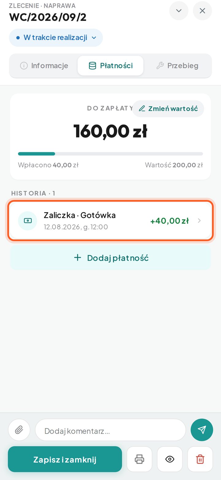 Lista wpłat z zaznaczoną pozycją Zaliczka Gotówka (telefon)