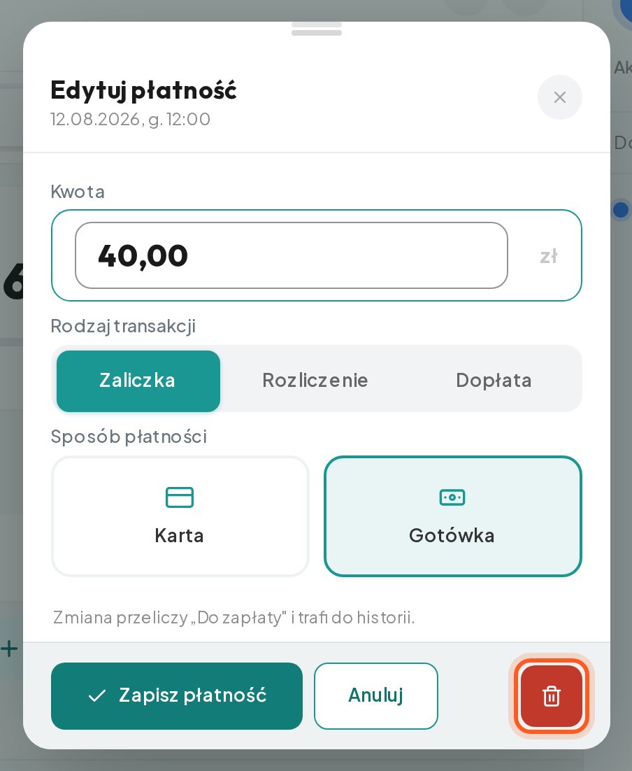 Okienko Edytuj płatność z zaznaczoną ikoną kosza (komputer)