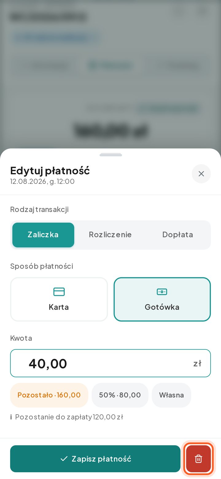 Okienko Edytuj płatność z zaznaczoną ikoną kosza (telefon)
