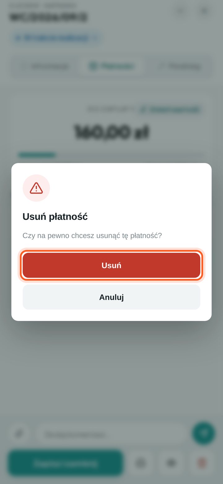 Okno potwierdzenia usunięcia płatności z przyciskiem Usuń (telefon)
