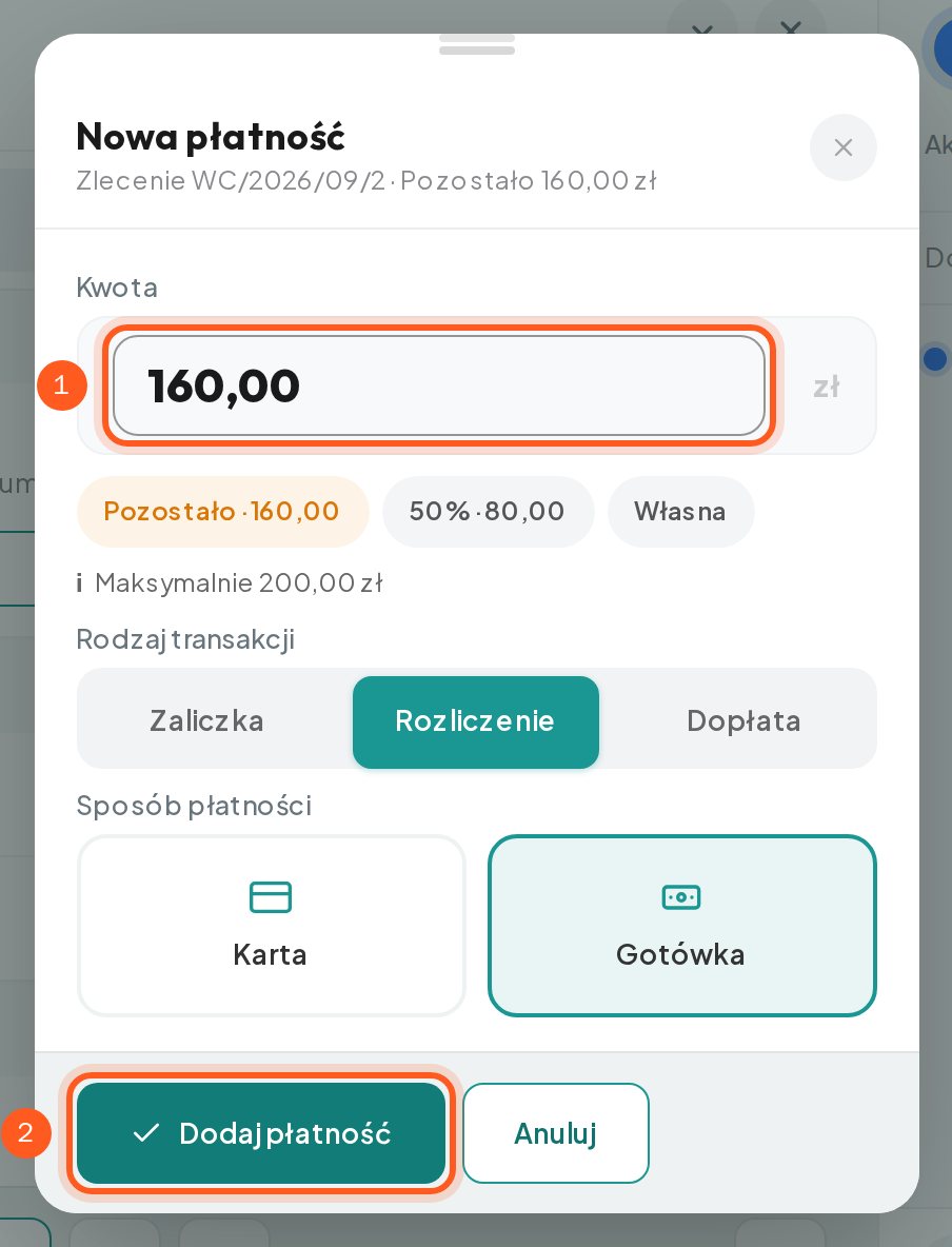 Wypełniony formularz nowej płatności z resztą do zapłaty i aktywnym przyciskiem Dodaj płatność (komputer)