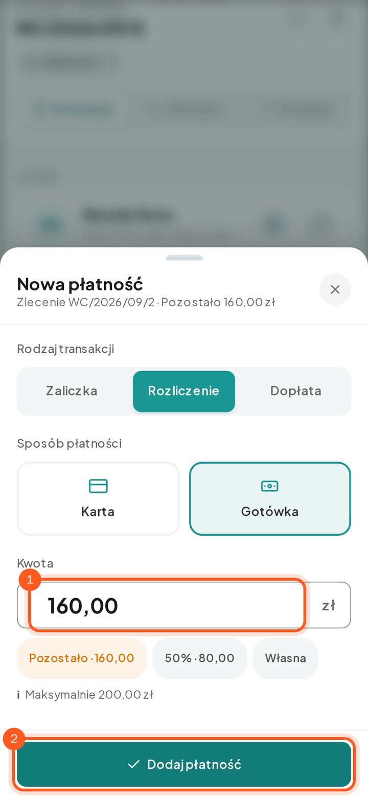 Wypełniony formularz nowej płatności z resztą do zapłaty i aktywnym przyciskiem Dodaj płatność (telefon)