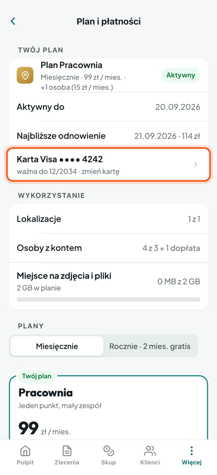 Aktywny plan z zaznaczonym wierszem zmiany karty (telefon)