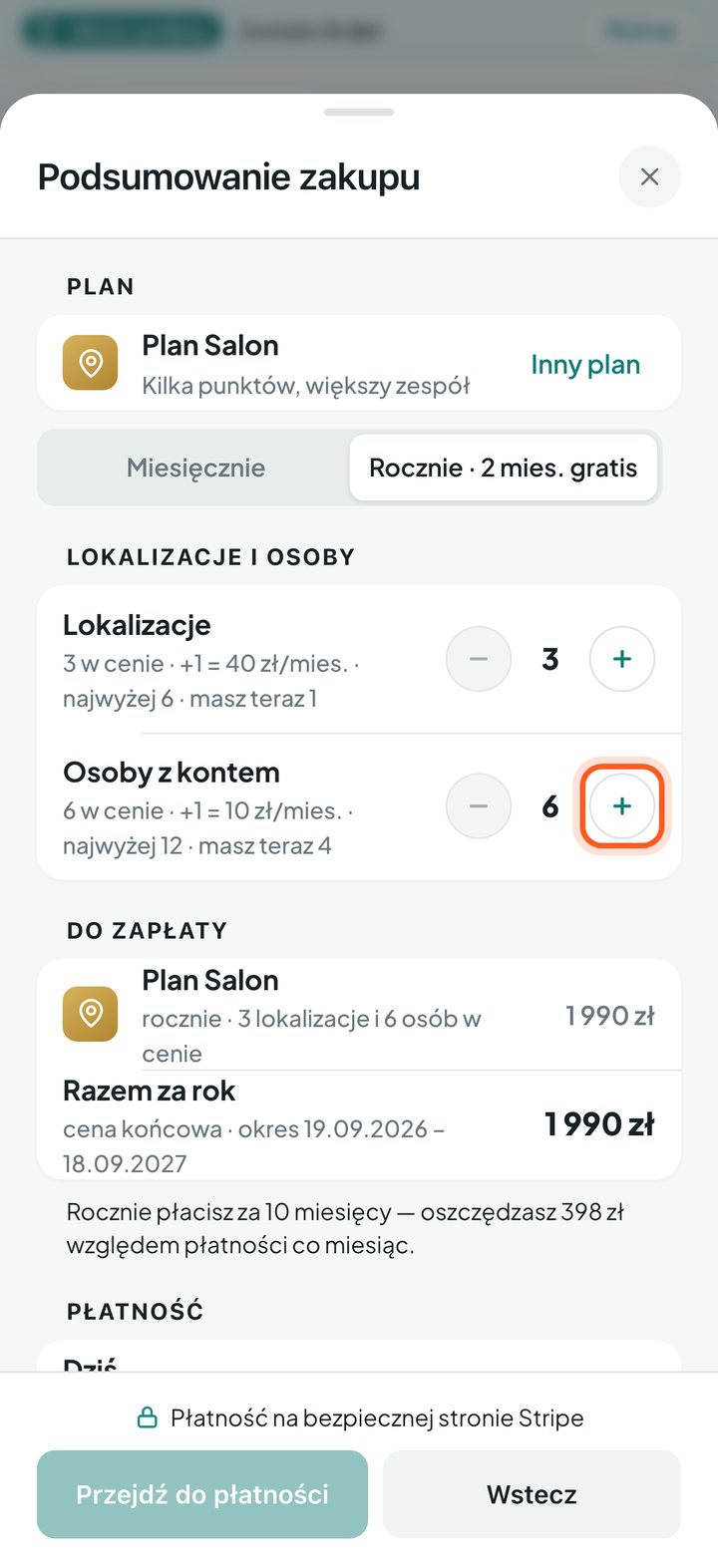 Podsumowanie zakupu z zaznaczonym przyciskiem zwiększenia liczby osób (telefon)