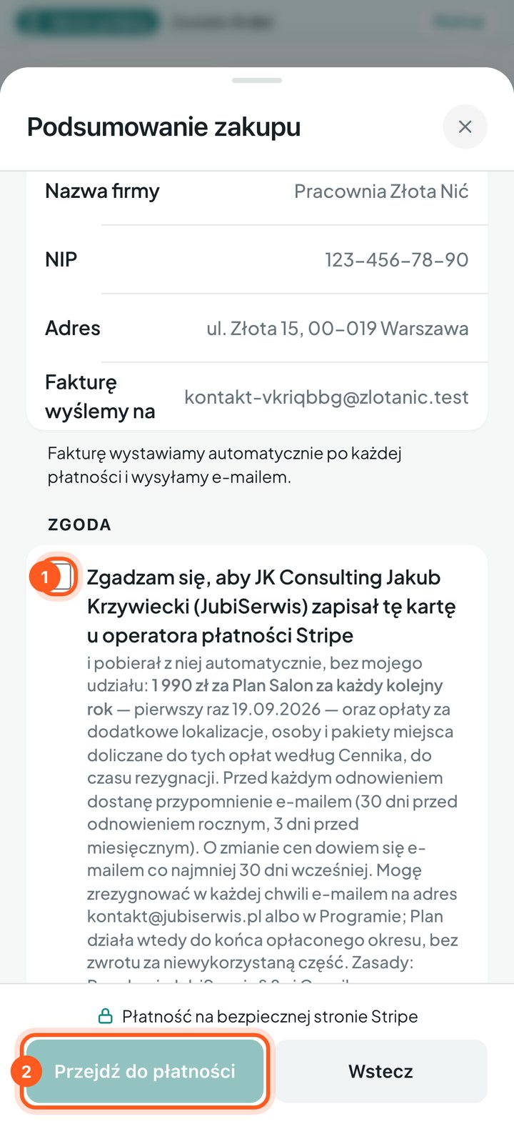 Zgoda na opłaty i przycisk Przejdź do płatności w podsumowaniu (telefon)