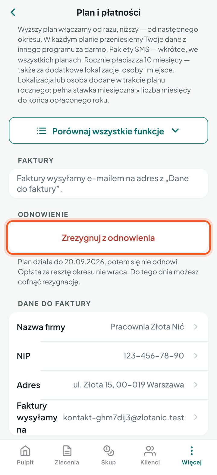 Zaznaczony wiersz Zrezygnuj z odnowienia (telefon)