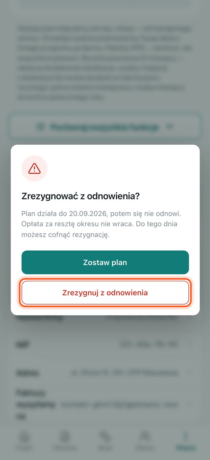 Potwierdzenie rezygnacji z odnowienia z datą końca dostępu (telefon)