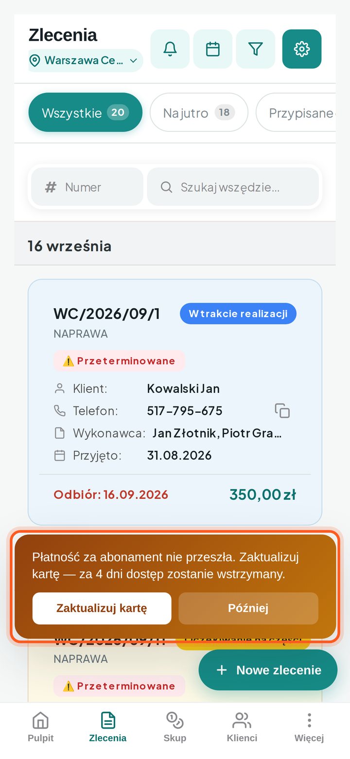 Pasek Płatność za abonament nie przeszła z przyciskami Zaktualizuj kartę i Później (telefon)