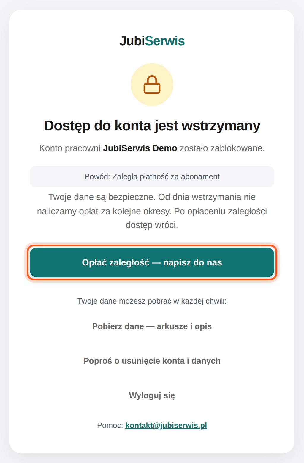 Ekran Dostęp do konta jest wstrzymany z zaznaczonym przyciskiem Opłać zaległość — napisz do nas (komputer)