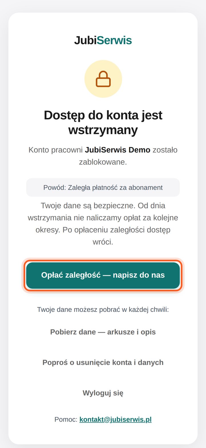 Ekran Dostęp do konta jest wstrzymany z zaznaczonym przyciskiem Opłać zaległość — napisz do nas (telefon)