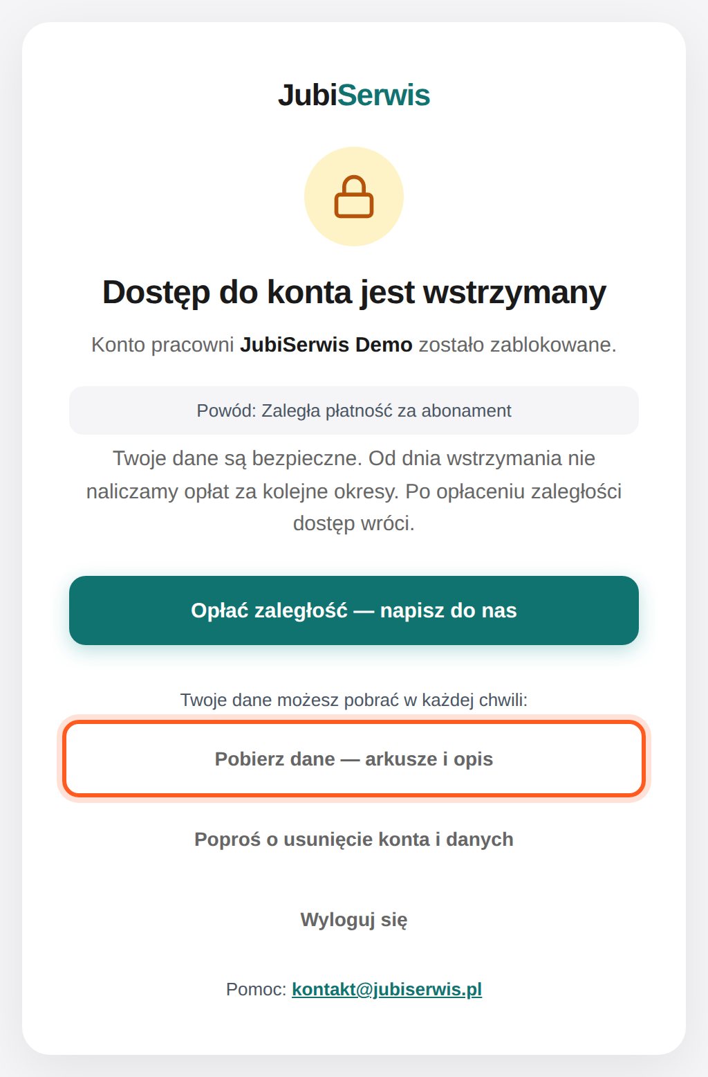 Ekran konta wstrzymanego z zaznaczonym odnośnikiem Pobierz dane — arkusze i opis (komputer)