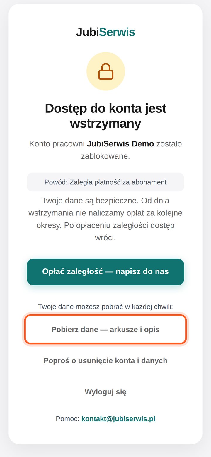 Ekran konta wstrzymanego z zaznaczonym odnośnikiem Pobierz dane — arkusze i opis (telefon)