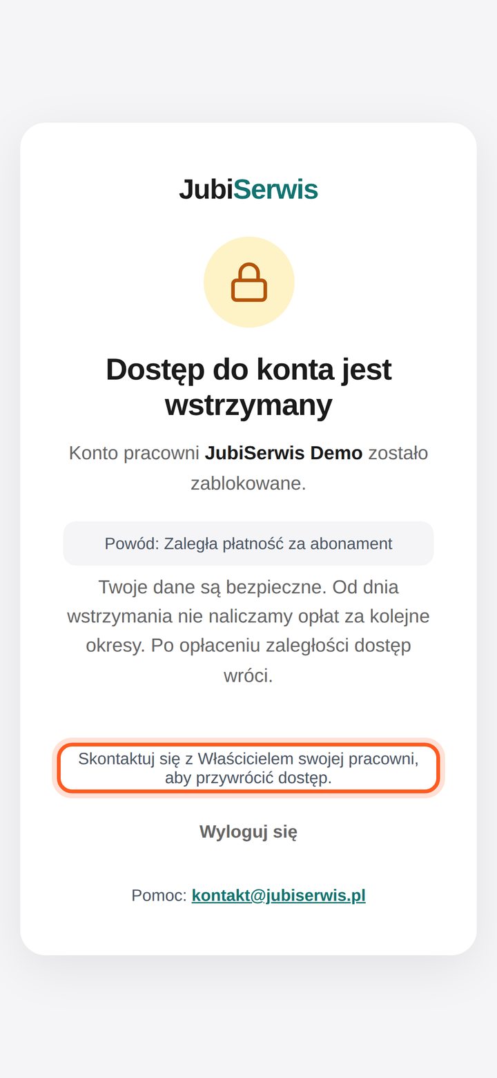Ekran konta wstrzymanego u osoby, która nie jest Właścicielem, z zaznaczoną prośbą o kontakt (telefon)