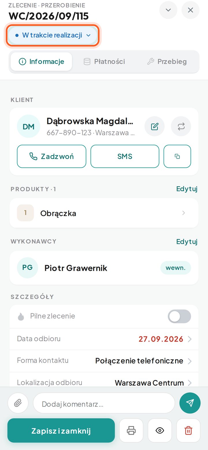 Zaznaczone pole statusu zlecenia w oknie podglądu (telefon)