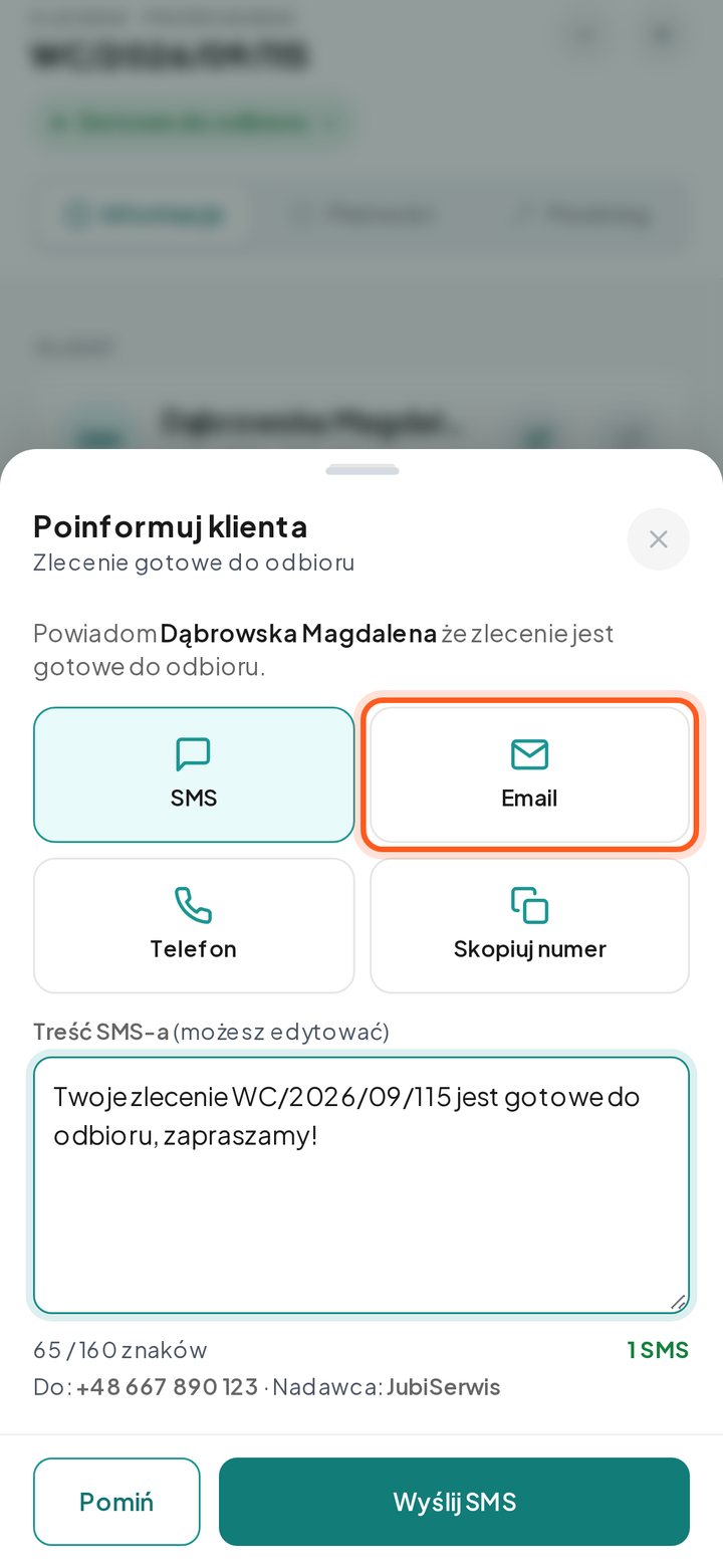 Zaznaczony kafelek Email w oknie Poinformuj klienta (telefon)