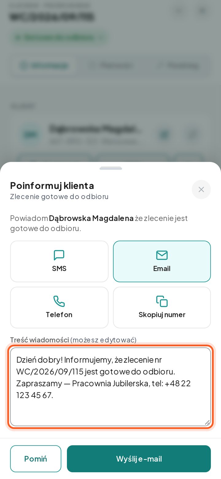 Pole treści wiadomości e-mail z gotowym tekstem (telefon)