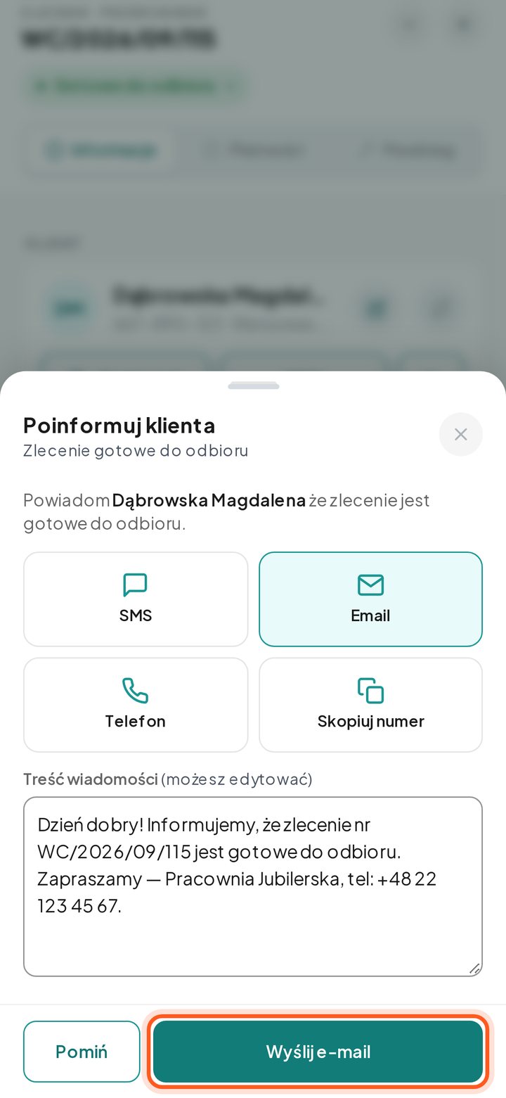 Zaznaczony przycisk Wyślij e-mail (telefon)