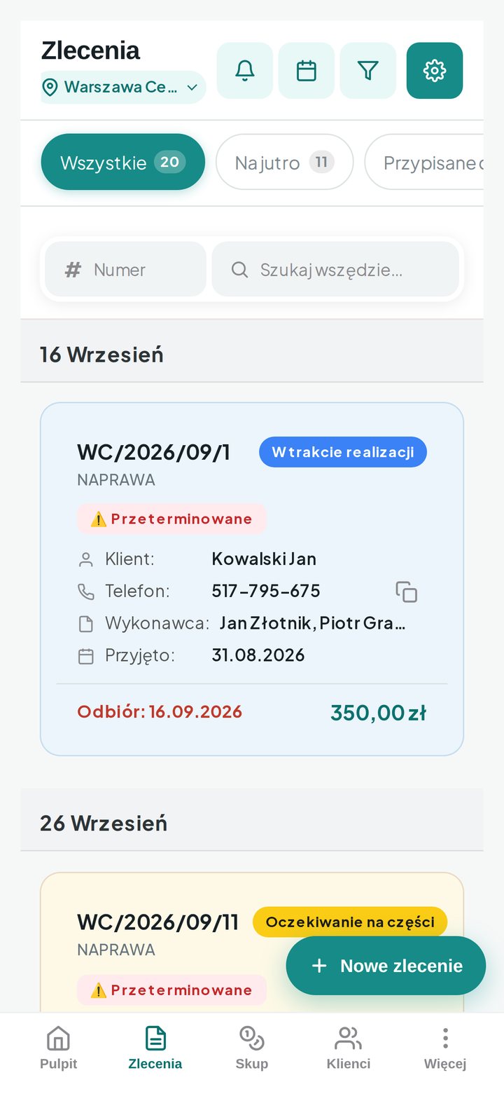 Lista zleceń z zaznaczonym zleceniem w trakcie realizacji (telefon)
