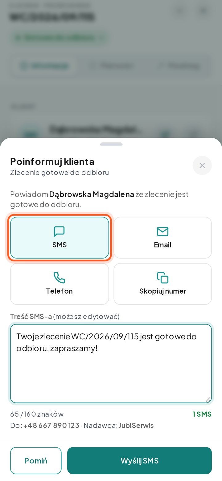 Zaznaczony kafelek SMS w oknie Poinformuj klienta (telefon)