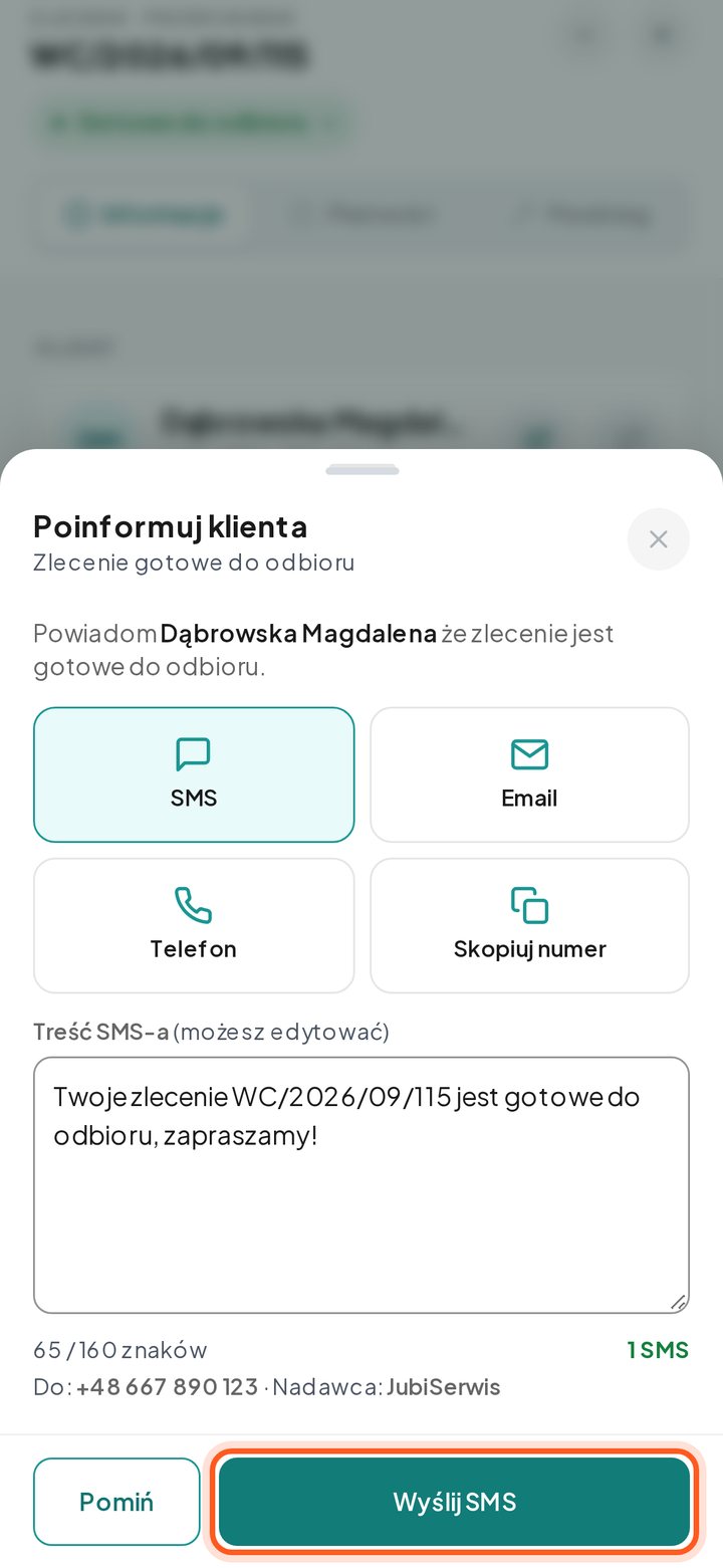 Zaznaczony przycisk Wyślij SMS (telefon)