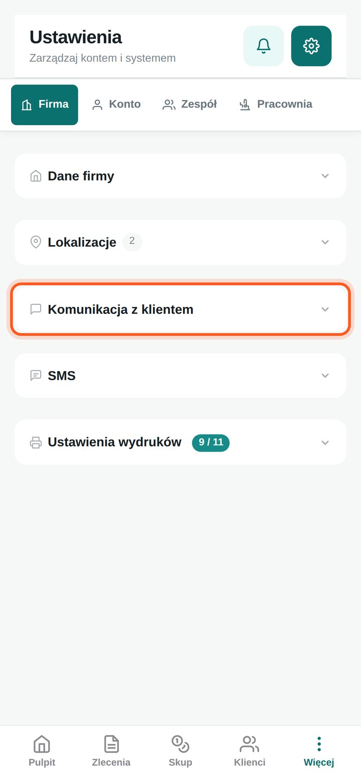 Zaznaczony nagłówek sekcji Komunikacja z klientem (telefon)