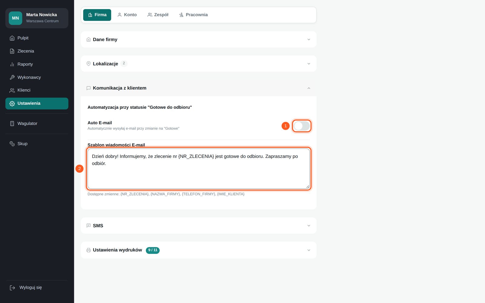 Przełącznik Auto E-mail i pole szablonu wiadomości e-mail (komputer)