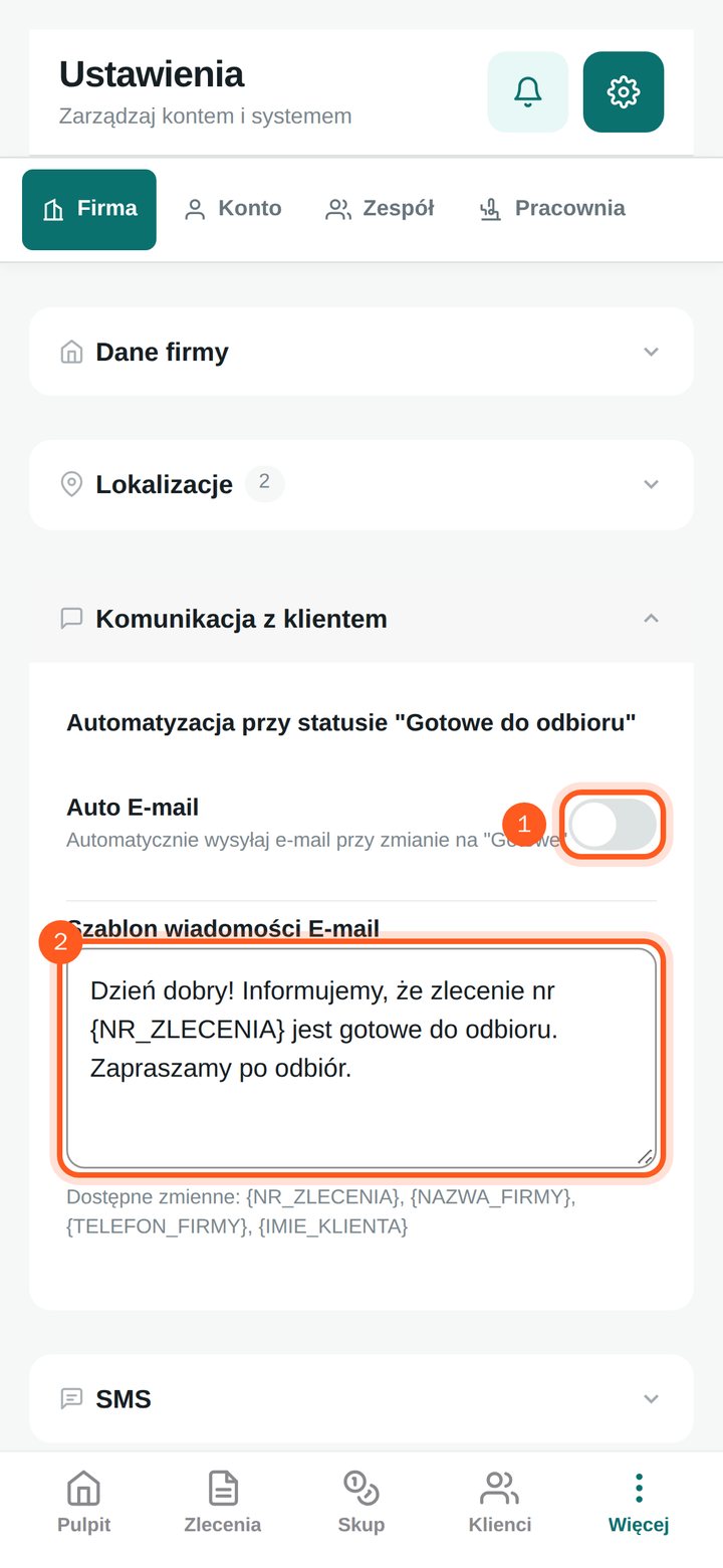 Przełącznik Auto E-mail i pole szablonu wiadomości e-mail (telefon)