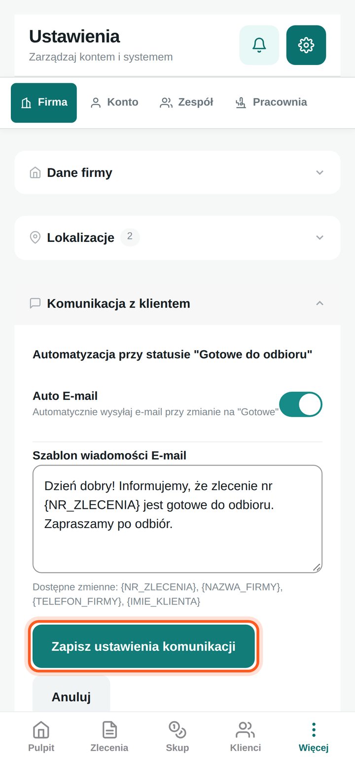 Przycisk Zapisz ustawienia komunikacji pod szablonem e-maila (telefon)