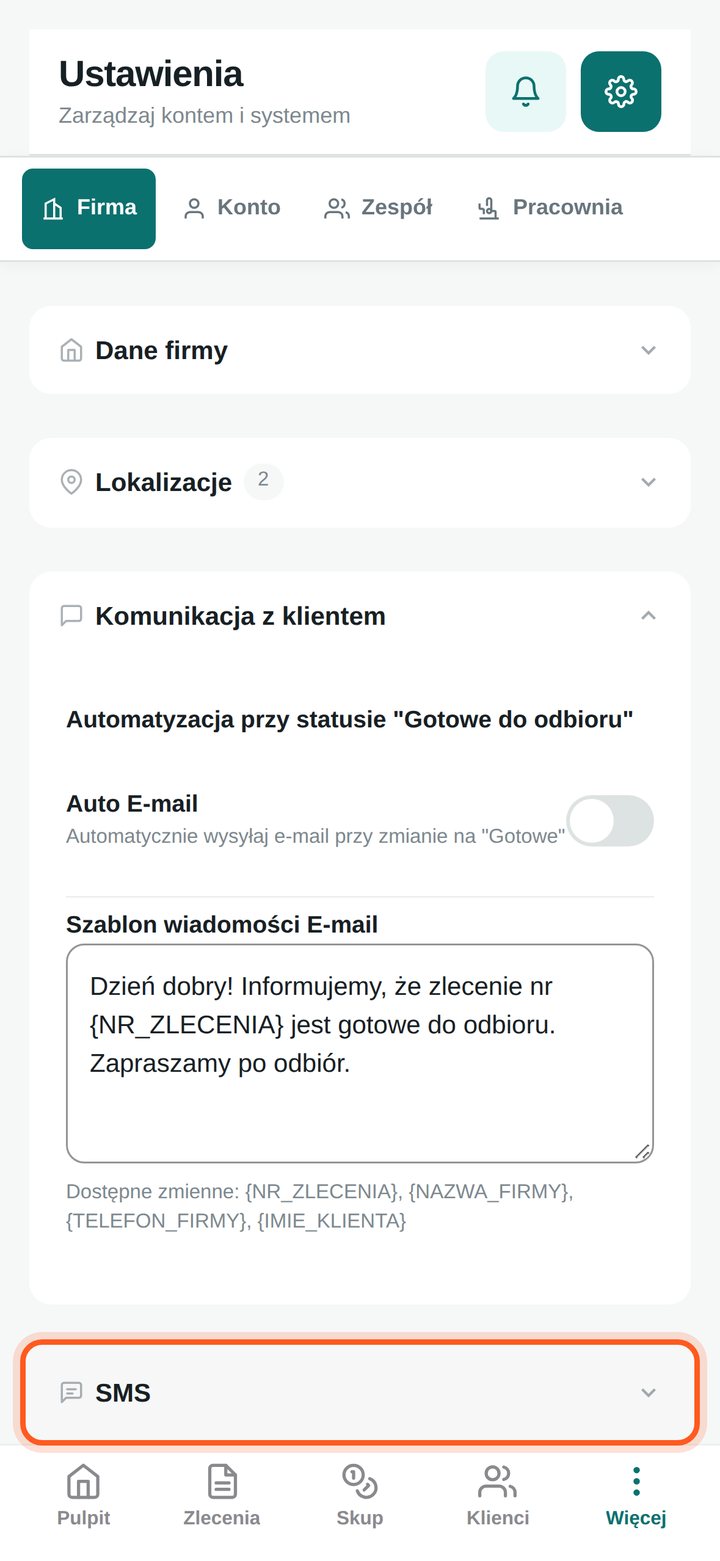 Zaznaczony nagłówek sekcji SMS (telefon)