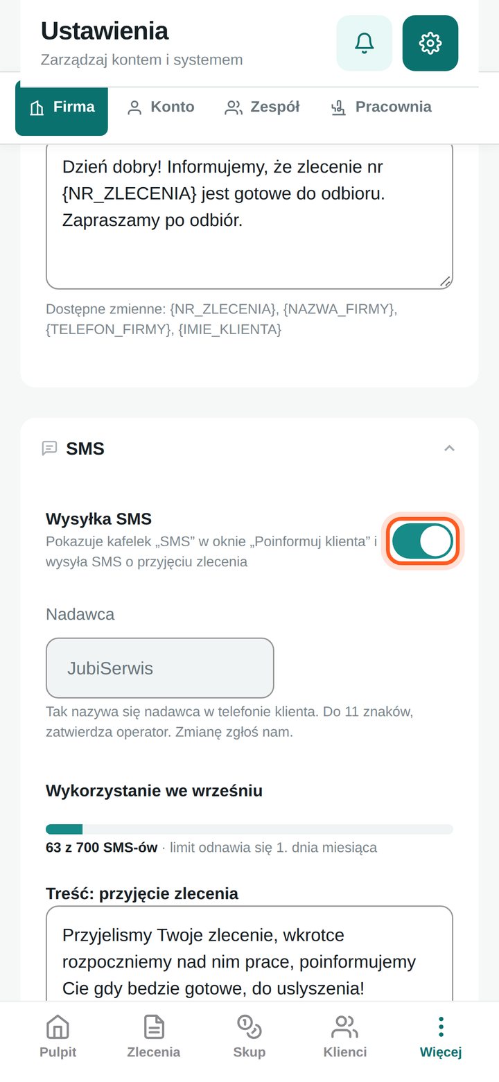Przełącznik Wysyłka SMS w Ustawieniach (telefon)