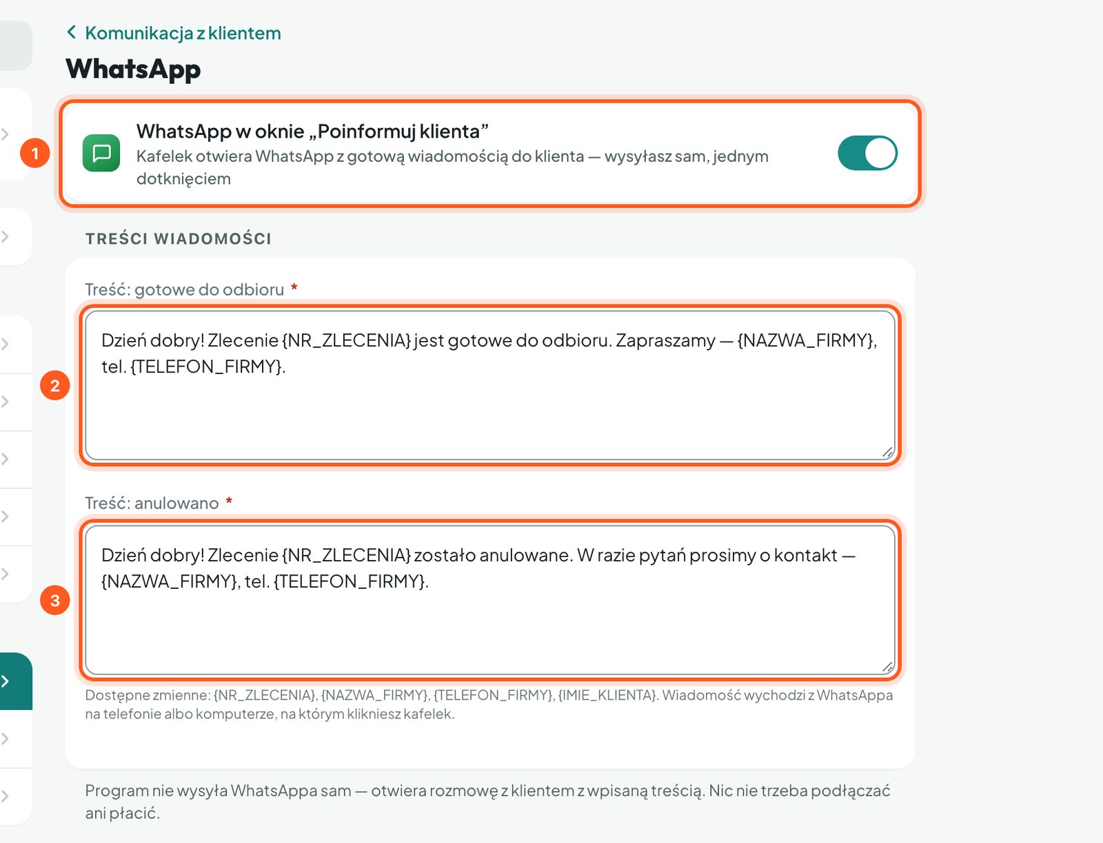Ekran WhatsApp z przełącznikiem i dwiema treściami wiadomości (komputer)